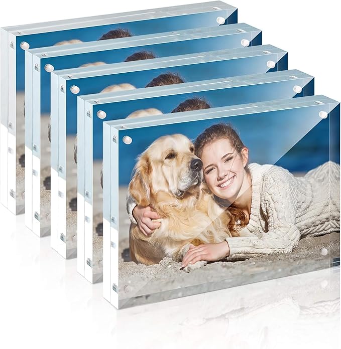 TWING 5 x 7 Inch 5 Pack Acrylic Photo Frame Horizontal Magnet Double Sided Acrylic Frames Set with Microfiber Cloth,12 + 12MM Thickness Clear Picture Frame Desktop Display Gift Ideal