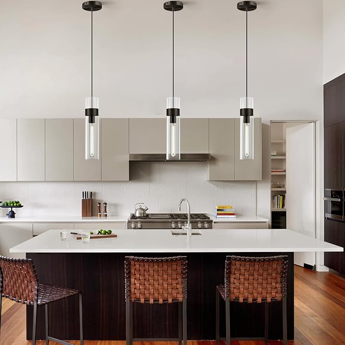 Modern Glass Black Pendant Lights Kitchen Island, Adjustable Cord Pendant Light Fixtures,Kitchen Pendant Lighting Over Island,Indoor Chandeliers for Bedroom Bathroom, Included Bulb