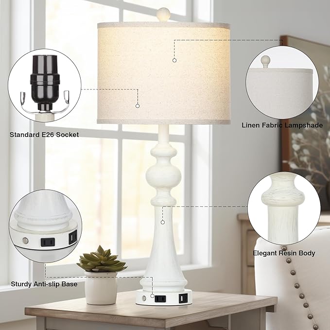 28" Farmhouse Lamps Set of 2 with USB A+C Fast Ports & AC Outlets, Vintage Rustic 3-Way Dimmable Touch Control Table Lamps, Rustic Traditional Bedside Nightstand Lamp for Living Room Bedroom White