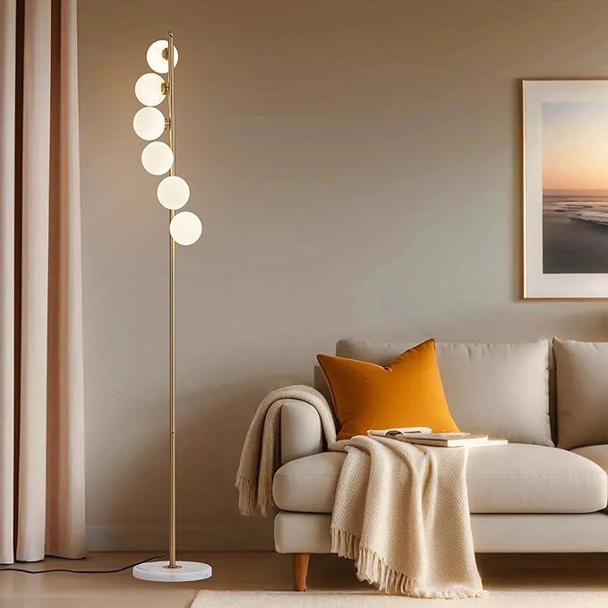 NKU Mid Century Floor Lamp Unique Glass lamp with Foot Switch, Modern Standing Tall Lamp for Living Room 3 Color Temperatures 6 Globe Floor Lighting for Bedroom Office（Gold）