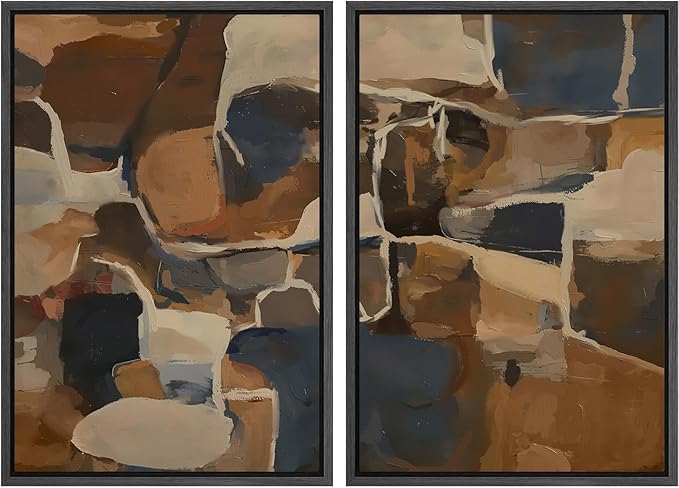 SIGNFORD Framed Canvas Print Wall Art Set Earthy Tones Abstract Layers Modern Brown and Blue Color Block Illustrations Modern Art Decorative for Living Room, Bedroom, Office - 24"x36"x2 Black