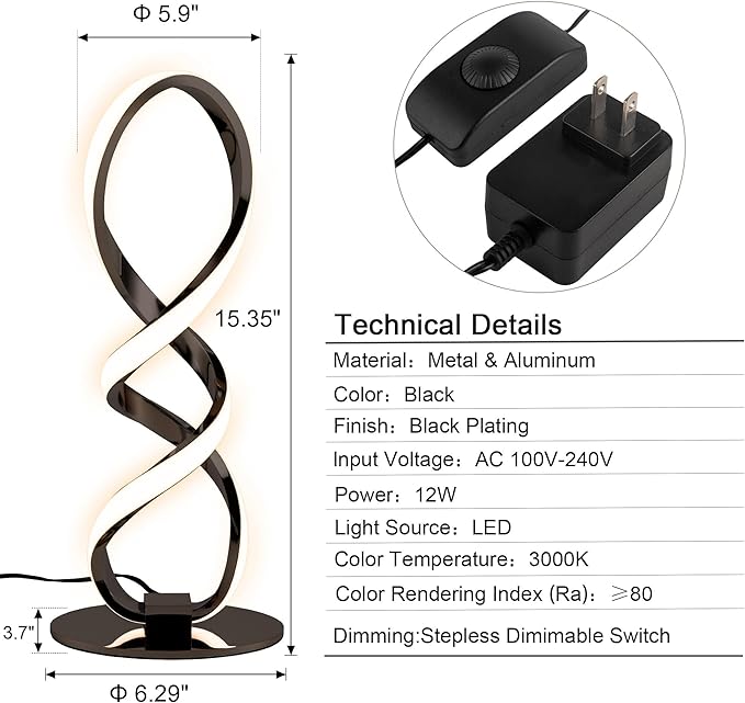 Modern Table Lamp - Stepless Dimmable LED Spiral Lamp, Black, 12W, 3200K, Warm White, Contemporary, for Bedroom, Living Room