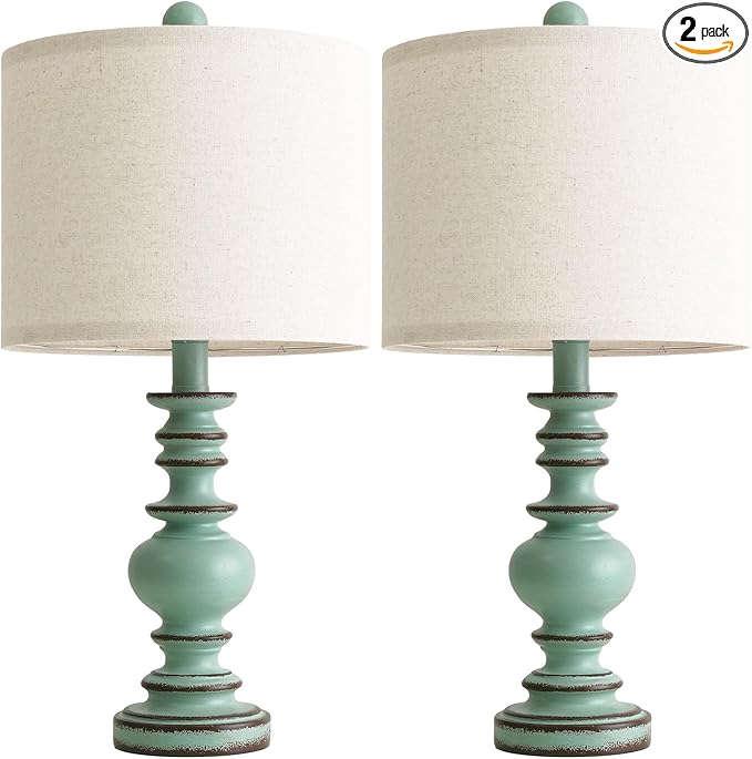 BOBOMOMO 20" Distressed Teal Bedside Lamps Set of 2, Hand-Painted Vintage Resin Lamps with Linen Shades, Cottage Farmhouse Lamp for Living Room, Bedroom, and Hallway, Space-Saving Accent Lamps
