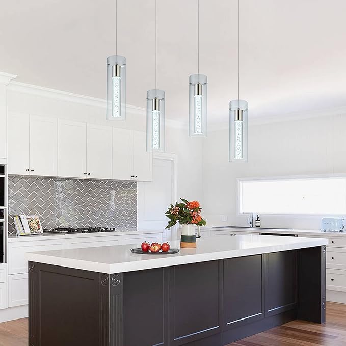 Kitchen Lighting Pendant Fixtures 4-Light LED Pendant Ceiling Fixture Brushed Nickel Bubble Cylinder Pendant Light with Adjustable Length for Kitchen Island Dinning Room Bedroom