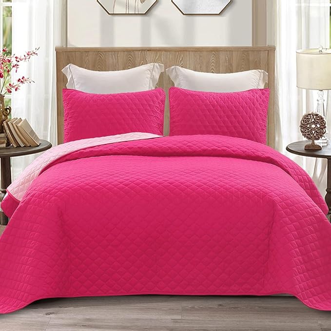 Exclusivo Mezcla Reversible King Size Quilt Bedding Set with Pillow Shams, Lightweight Quilts King Size, Soft Bedspreads Bed Coverlets for All Seasons - (Hot Pink, 104"x96")