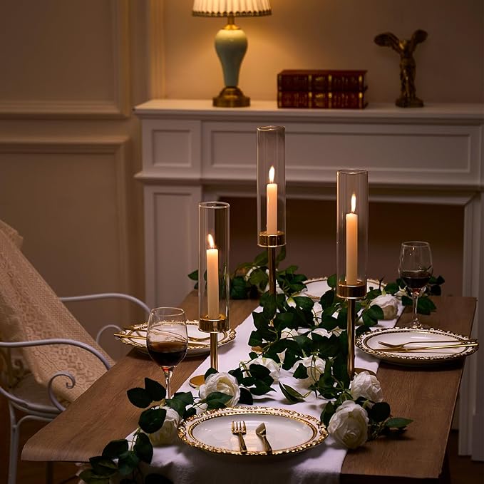 Gold Hurricane Candle Holders Set of 3, Tall Metal & Windproof Glass Taper Candle Holders, Outdoor/Indoor Table Centerpieces for Weddings, Christmas, Parties, Fireplace Decor