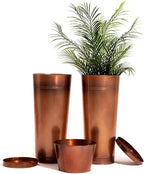 28in Tall Antique Copper Metal Vintage Planter Set of 2,Galvanized Steel Planter Pots for porches/Indoor/Outdoor/terraces Patio- Copper Color(2planters,2inner pots with Holes, 2trays)