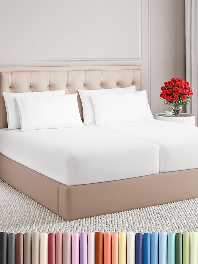 Split King Sheets Set 7 Piece - Includes 4 Pillowcases - Bed Sheets Split King - Soft Hotel Luxury Bedding - Cooling, Comfy & Breathable - 1 Flat & 2 Fitted & 4 Pillowcases w/ Deep Pockets - White