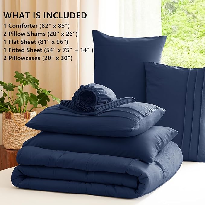 CozyLux Full Size Comforter Sets Navy Blue, 7 Pieces Soft Pinch Pleat Bed in a Bag Full Comforter Set with Sheets, Boho Bed Set with Down Alternative Comforter, Sheets, Pillowcases & Shams
