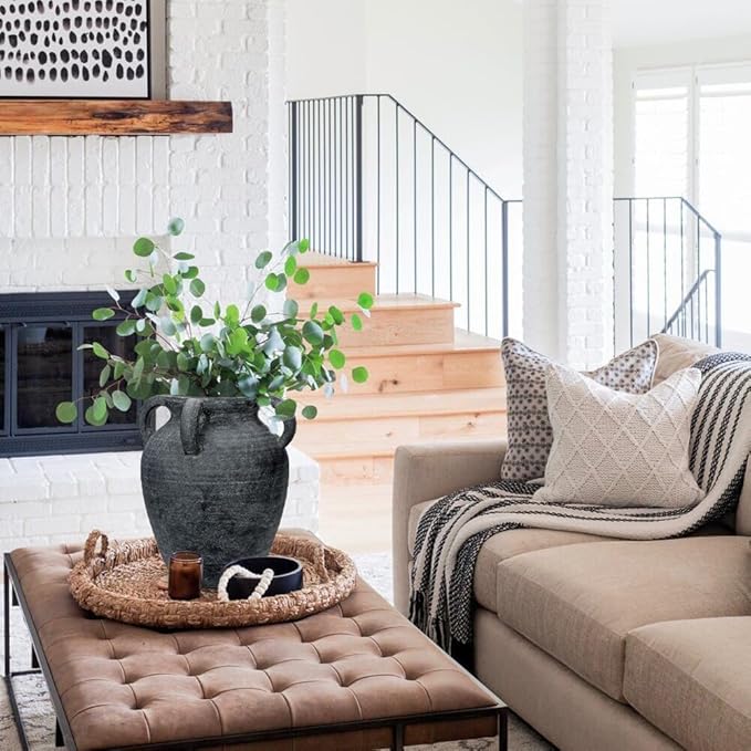 Handmade Flower Vase, 12" Tall Terracotta Vase, Vintage Black Ceramic vase, Rustic Antique Decor with 3 Handles, Wide Mouth, Matte Finish for Home Office Resto Café Décor