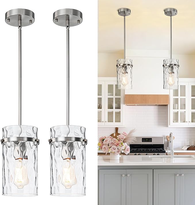 Brush Nickel Hammered Hand-Blown Glass Pendant Light Fixtures, Pendant Lights Kitchen Island Modern Kitchen Island Lighting Dining Room Light Farmhouse Island Lights Sink 2 Pack