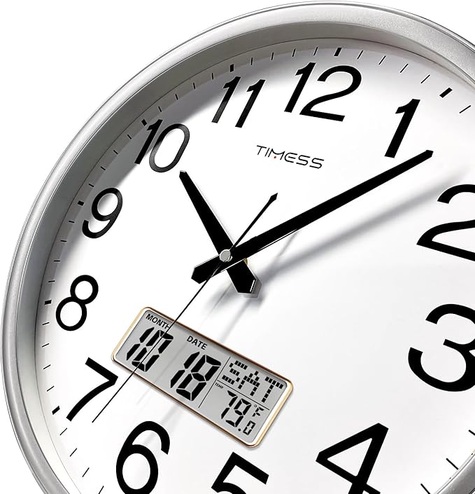 Wall Clock, 13 Inch Non-Ticking Silent Battery Operated Quartz Analog with LCD Display for Perpetual Calendar and F° Temperature, Ideal Modern Home, Bedroom, Kitchen, Office Décor (Sliver)