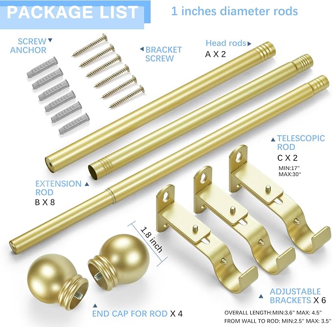 Curtain Rods for Windows 16 to 92 Inches, Curtain Rod Max Adjustable Length of 104 IN, 1" Diameter Drapery Rods Round Finials, Warm Gold, Pack of 2