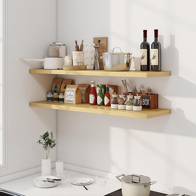 Dreamland 48" Floating Shelves for Wall, 12" Deep Slim Oak Floating Shelves, Wall-Mounted Shelves for Bedroom, Living Room, Kitchen, Bathroom - Set of 2