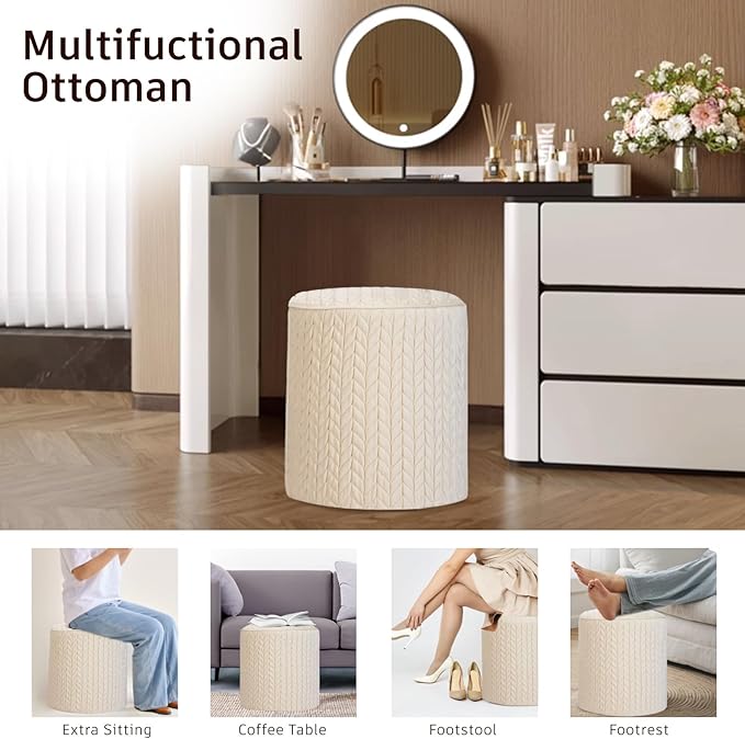 Modern Round Ottoman 2Pcs, Braided-Tufted Foot Stool Ottoman, Velvet Upholstered Vanity Stool for Makeup, Bedroom, Living Room, White