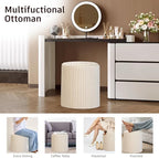 Modern Round Ottoman 2Pcs, Braided-Tufted Foot Stool Ottoman, Velvet Upholstered Vanity Stool for Makeup, Bedroom, Living Room, White
