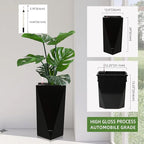 Dexceder 24 Inches Tall Self Watering Planter Diamond High Gloss Indoor Outdoor, Thickened Rhombus Large Floor Standing Flower Plant Pot with Water Level Indicator (Black)