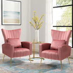 X-VOLSPORT Velvet Accent Chair, Mid Century Modern Wing Back Living Room Chair with Waist Pillow, Upholstered Arm Chair with Metal Gold Legs for Bedroom, Club, Pink