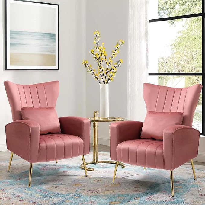X-VOLSPORT Velvet Accent Chair, Mid Century Modern Wing Back Living Room Chair with Waist Pillow, Upholstered Arm Chair with Metal Gold Legs for Bedroom, Club, Pink