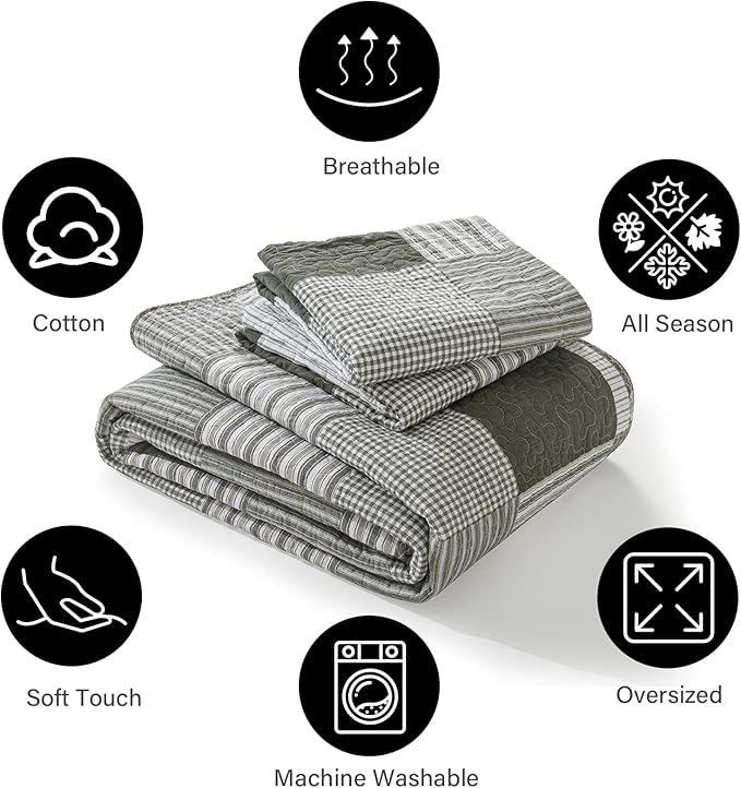 PANGUSHAN 100% Cotton Quilt Set Queen Size, Patchwork Plaid Queen Quilt Bedding Set Bedspreads, Farmhouse Lightweight Comforter Reversible Quilt, Green/Moonbeam Bed Spread for Queen Bed, 3 Pieces