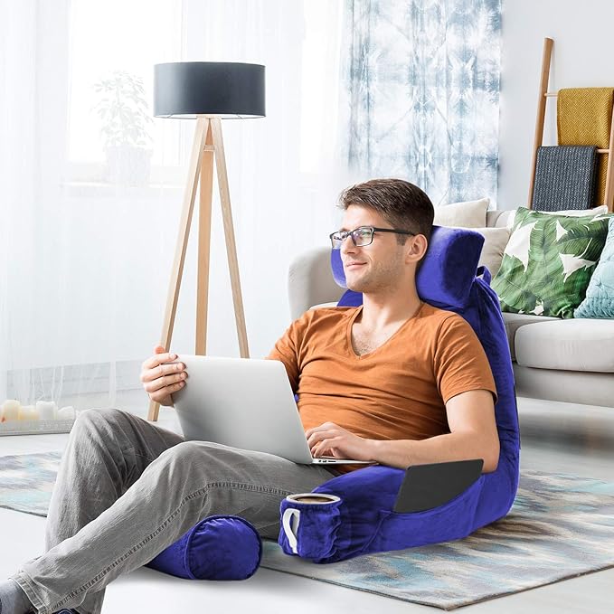 Nestl Reading Pillow Large Bed Pillow, Back Pillow for Sitting in Bed Shredded Memory Foam Chair Pillow, Reading & Bed Rest Pillows Royal Blue Back Pillow for Bed, Bed Chair Arm Pillow with Pockets