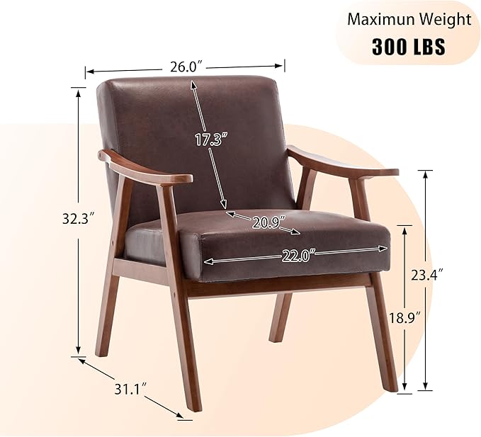 Furnimart Brown Accent Chair, Mid Century Modern Living Room Chair with Wood Frame, Comfy Armchair Wingback Chair for Office Study Vanity Bedroom Waiting Room, Faux Leather Fabric