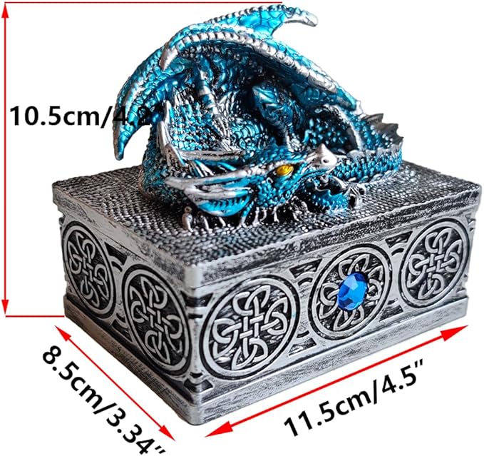 Dragon Statue Jewelry Box, Medieval Fantasy Myth Dragon With Cover Treasure Box, Dragon Statue Decoration Collection Gift Box. (Blue)