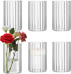 Glass Cylinder Vases Set of 6 Clear Ribbed Glass Vases for Flowers,6 inch Tall Modern Floating Candle Vase Decor, Decorative Hurricane Candle Holders for Home Wedding Table Centerpieces Decor