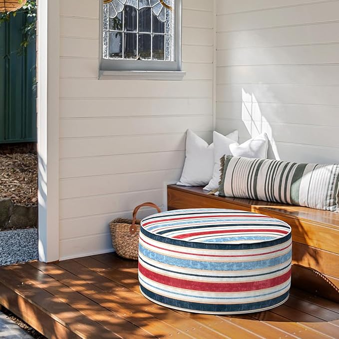 Inflatable Ottoman Stool D31 xH14 for Outdoor/Indoor Use, Water Repellent Patio Foot Rest Stool with Portable Handle,Round Pouf Ottoman Suitable for Garden,Deck and Camping - Stripe Red Blue