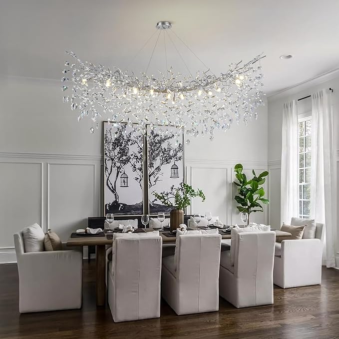 Modern Crystal Silver Chandelier, 55" Large Rectangular Oval Tree Branch Crystal Chandeliers for Dining Room,16-Light Flush Mount K9 Crystal Chandeliers, for Kitchen Island,Dining Room