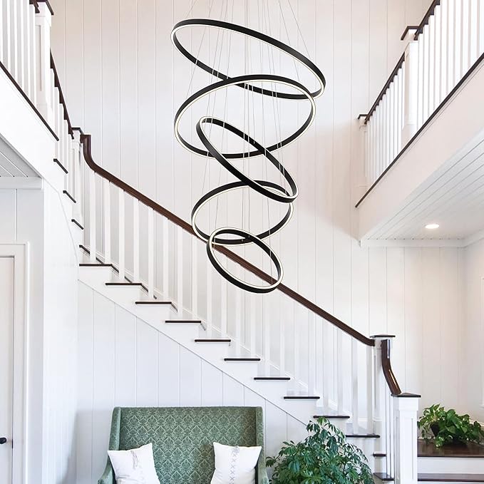 Modern LED Chandelier, 15.7"-31.4" Ring Chandelier, Black, High Ceiling, Foyer, Living Room