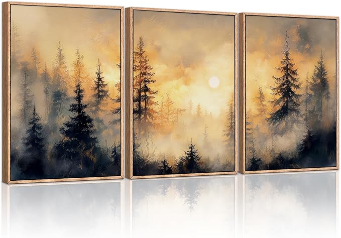 HLNIUC Golden Sunshine Forest Framed Canvas Wall Art,Foggy Forest Pine Tree Wall Decor,Large Sunset Landscape Art Print,Natural Misty Mountain Forest Wall Painting for Living Room,Bedroom - 16”x24”x3