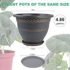 4 Pack 16 Inch Large Plant Pots, Plastic Flower Pot for Indoor & Outdoor with Drainage Holes & Saucer, Plaid Pattern Planters Garden Pots for Herbs Gold