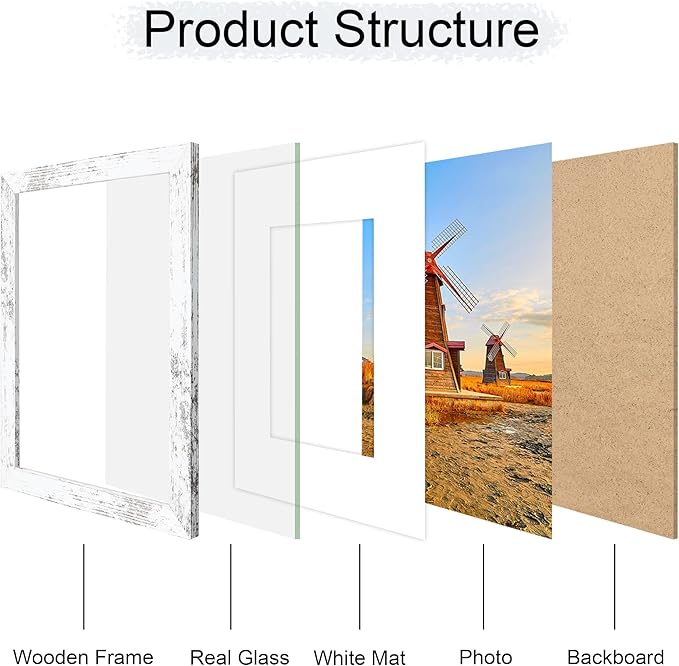 8x10 Picture Frame Set of 4, 8 x 10 Wood Photo Frames with Mat for 5x7, Rustic Natural Wooden Frame with Real Glass Cover for Wall and Tabletop Display,Distressed White