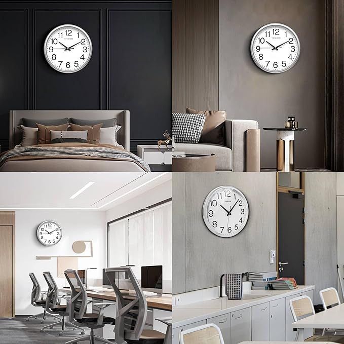 Wall Clock, 16 Inch Large Dial Non-Ticking Silent Battery Operated Quality Analog, Ultra-Quiet Movement Quartz, Timeless Stylish Clock, Ideal Modern Home, Office Décor (Sliver)