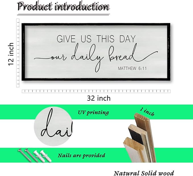 ZZJJHYWGQ Give Us This Day Our Daily Bread Sign 32"×12" Rustic Kitchen Dining Room Wall Decor Farmhouse Scripture Matthew 6:11 Religious Wall Art Bible Verse Christian Quotes Catholic Plaque (Black)