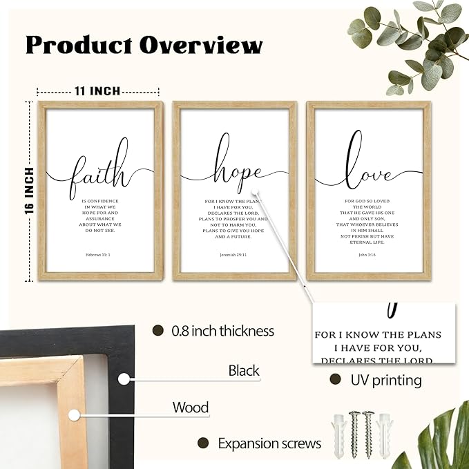 FZMHASLWW Faith Hope Love Sign Wall Decor 16"×11" Set of 3 Bible Verse Christian Scripture Wooden Framed Wall Hanging Art (Wood)
