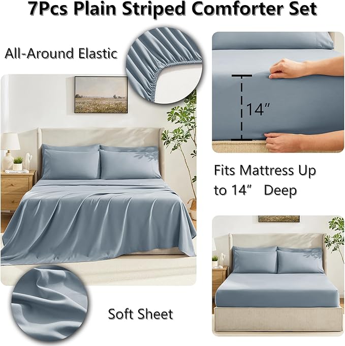 CozyLux Full Size Comforter Sets Grayish Blue, 7 Pieces Bed in a Bag, Blue Comforter Full Size, All Season Bedding Sets with Stitch Quilted Comforter, Flat Sheet, Fitted Sheet, Pillowcases