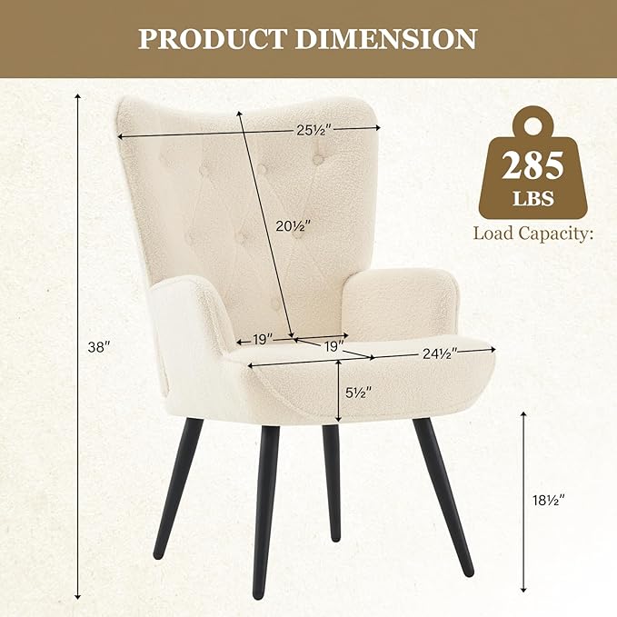 Furnimart Accent Chairs Set of 2, White Sherpa Reading Armchair with High Backrest, Wingback Corner Chair Mid Century Modern for Living Room, Bedroom, Waiting Room