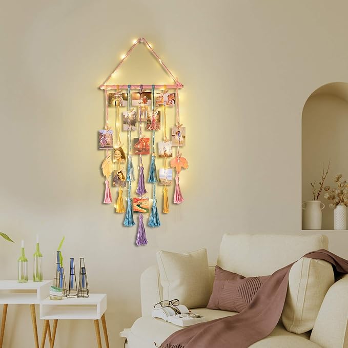 Homecor Room Decor for Teen Girls, Hanging Photo Display Macrame Picture Collage Wall Decor, Boho Decor for Bedroom Apartment Dorm Room with Remote Light, Christmas Birthday Gifts for Teenage Girls