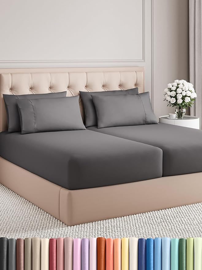 Split King Sheets Set 7 Piece - Includes 4 Pillowcases - Bed Sheets Split King - Soft Hotel Luxury Bedding - Cooling, Cozy & Breathable - 1 Flat & 2 Fitted & 4 Pillowcases w/ Deep Pockets - Dark Grey