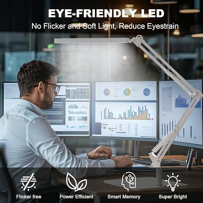 LED Desk Lamp with Clamp and Round Base,Eye Caring Table Lamp with Swing Arm,3 Color Modes 10 Brightness Levels,Memory Function,Desk Light for Home Office with USB Adapter White-14W