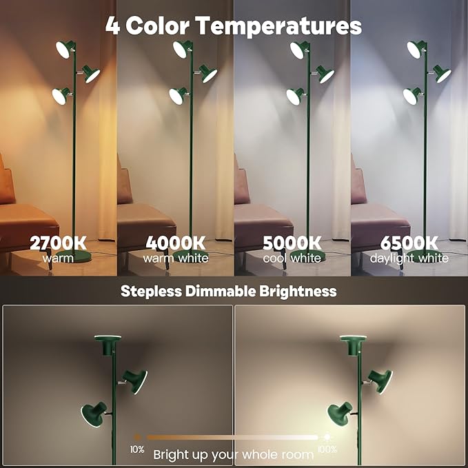 36W LED Tree Floor Lamp, Modern Dimmable Standing Lamp with Remote & Touch Control, 4 Color Temperatures, 3 Rotatable LED Light Floor Lamps for Living Room, Bedroom, Office