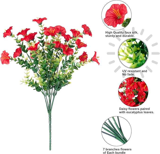 HyeFlora Artificial Flowers for Outdoors Fake Plants Outside Decoration, 12 Bundles Silk Red Morning Glory UV Resistant Look Real Faux Flowers for Planter Front Door Porch Patio Yard Gardens Balcony