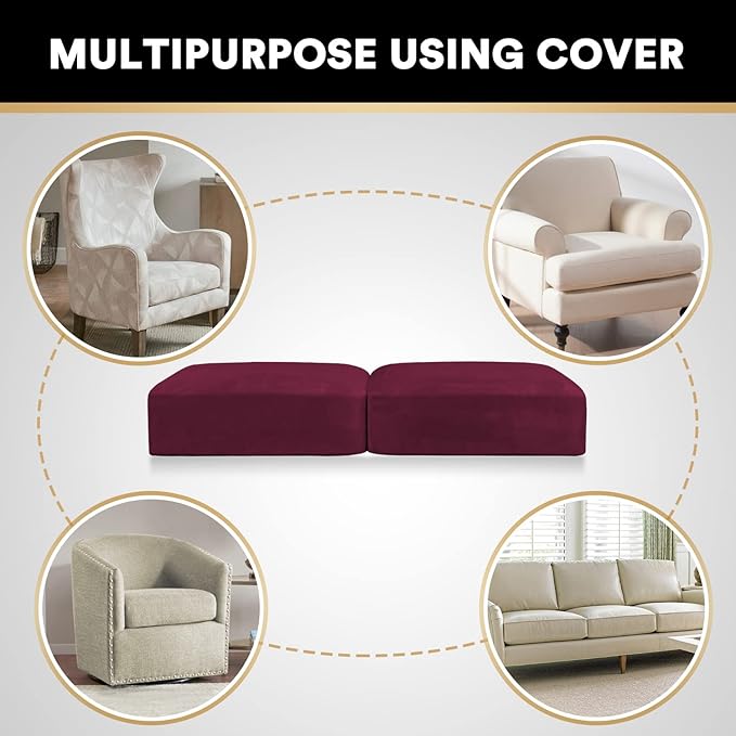 PrinceDeco Stretch Velvet Couch Cushion Covers, Soft Cushion Slipcover for Chair Loveseat Sofa Cushion Furniture Protector Seat Cushion Sofa Cover(Each Width Up to 29.5", Burgundy)