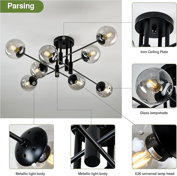 SZXYKEJI 8 Light Glass Globe Ceiling Light Black Mid Century Flush Mount Sputnik Light Fixture Bubble Chandelier Living Room Farmhouse for Dining Room Kitchen Bedroom.