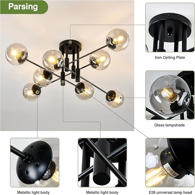 SZXYKEJI 8 Light Glass Globe Ceiling Light Black Mid Century Flush Mount Sputnik Light Fixture Bubble Chandelier Living Room Farmhouse for Dining Room Kitchen Bedroom.
