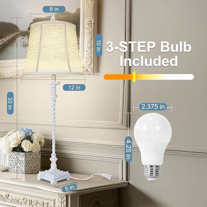 Buffet Lamps Set of 2, 33" Tall Skinny Candle Stick Table Lamps with White Linen Shades, 3-Way Dimmable Bulbs Included, Vintage Nightstand Lamps for Living Room Bedroom Dinning Entryway - Washed Blue