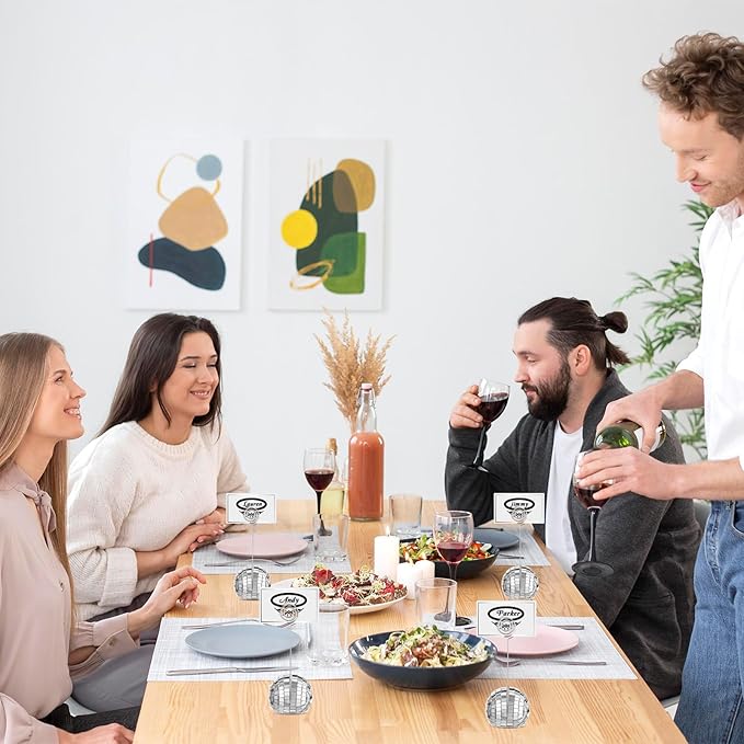 Prasacco 20 Set Disco Ball Table Number Holders, 2 Inch Silver Disco Ball Place Card Holder with Swirl Wire Clips und Name Cards for Wedding Party Decoration, Photo Display Holder, Desktop Decorations