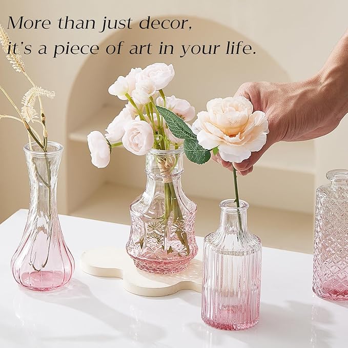 Glass Bud Vase Set of 20 - Small Vases for Flowers in Bulk - Assorted Vintage Crystal Vases for Flowers, Table Centerpieces (Pink, 20 Pcs)